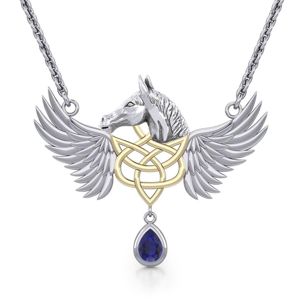 Celtic Pegasus Horse with Wing Silver Necklace with gold plating 14K 2 Micron MNC540