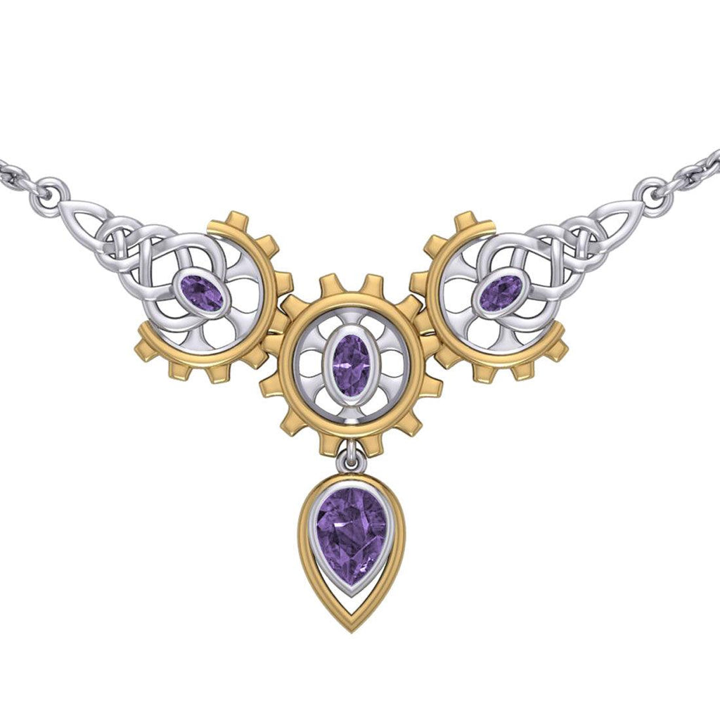 Steampunk Celtic Silver and Gold Accent Necklace with Gemstone MNC550