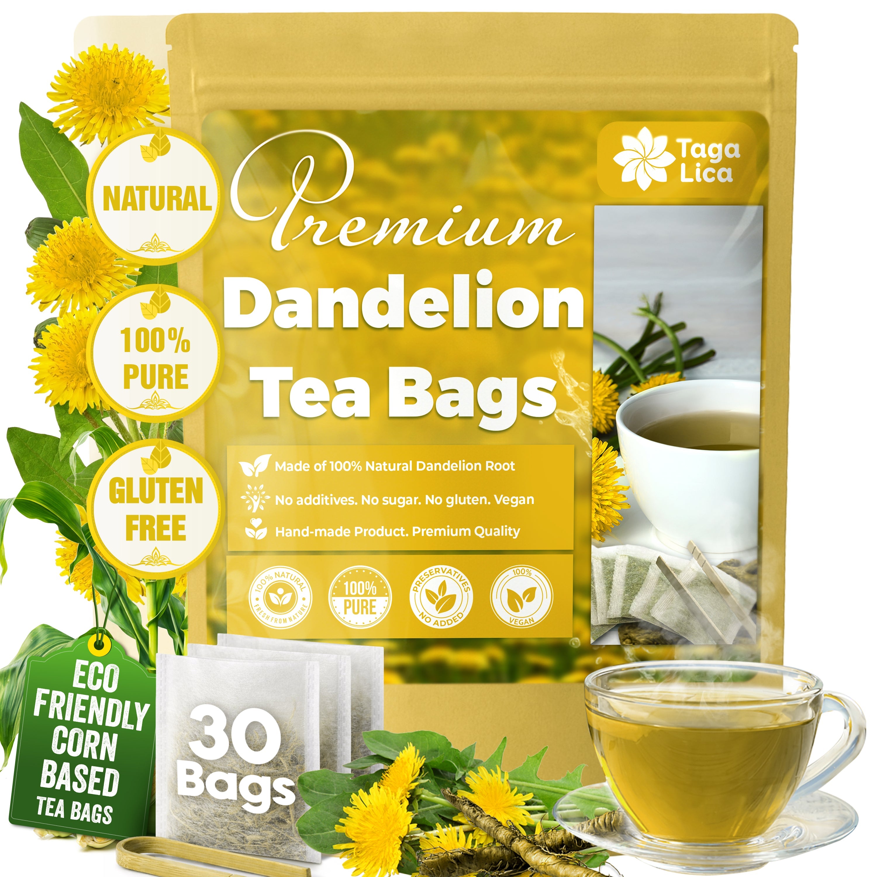 Dandelion Root Tea Bags, 100% Natural & Pure from Dandelion Root, Eco-Conscious Tea Bags, Dandelion Root Herbal Tea. Dandelion Root Tea. No Sugar, No Caffeine, No Gluten, Vegan. | Tea | Wiccan Center