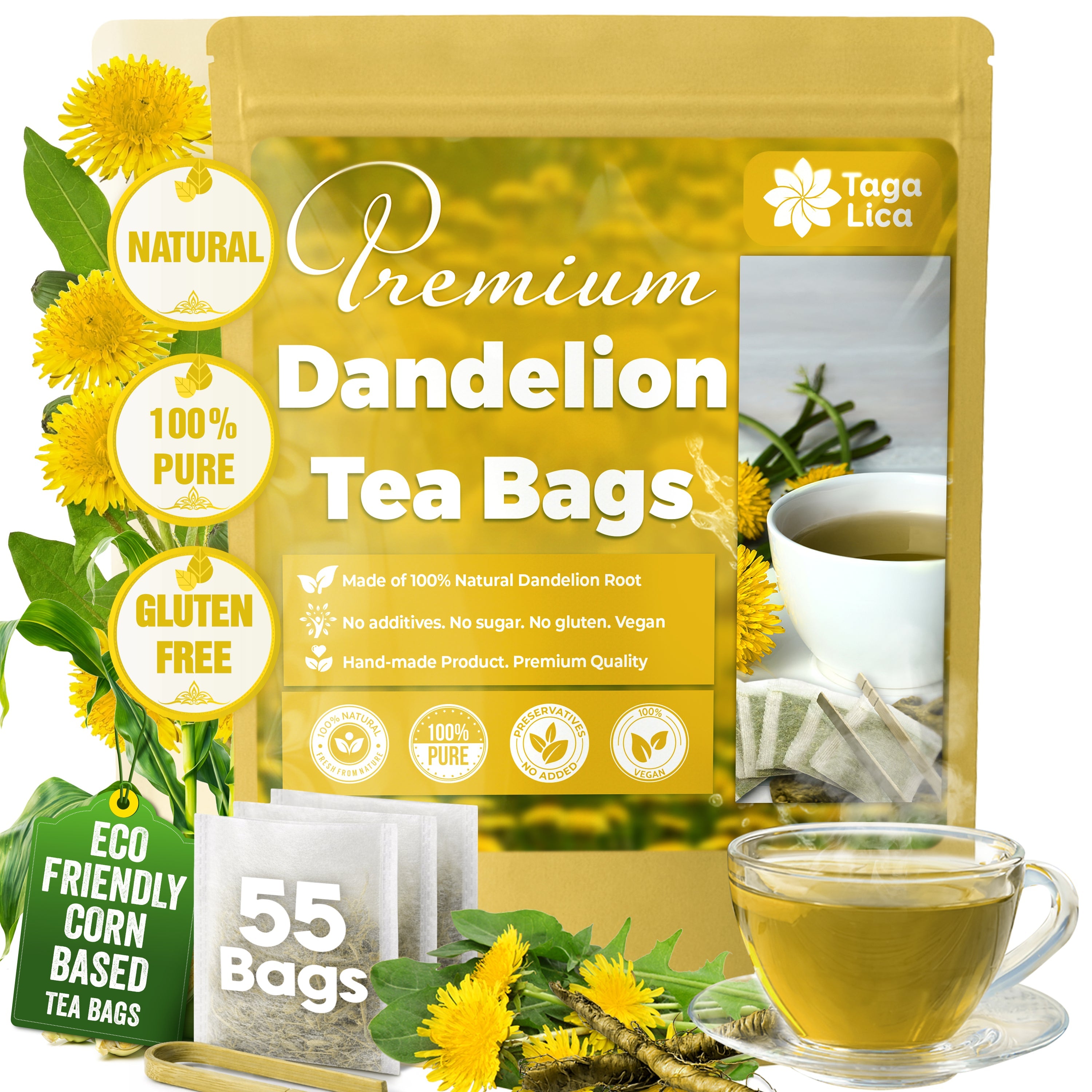 Dandelion Root Tea Bags, 100% Natural & Pure from Dandelion Root, Eco-Conscious Tea Bags, Dandelion Root Herbal Tea. Dandelion Root Tea. No Sugar, No Caffeine, No Gluten, Vegan. | Tea | Wiccan Center