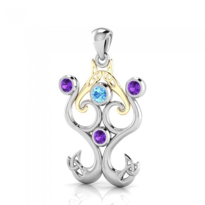 Sterling Silver Celtic Triquetra Pendant With 14K Gold Accent And Gemstone MPD1274