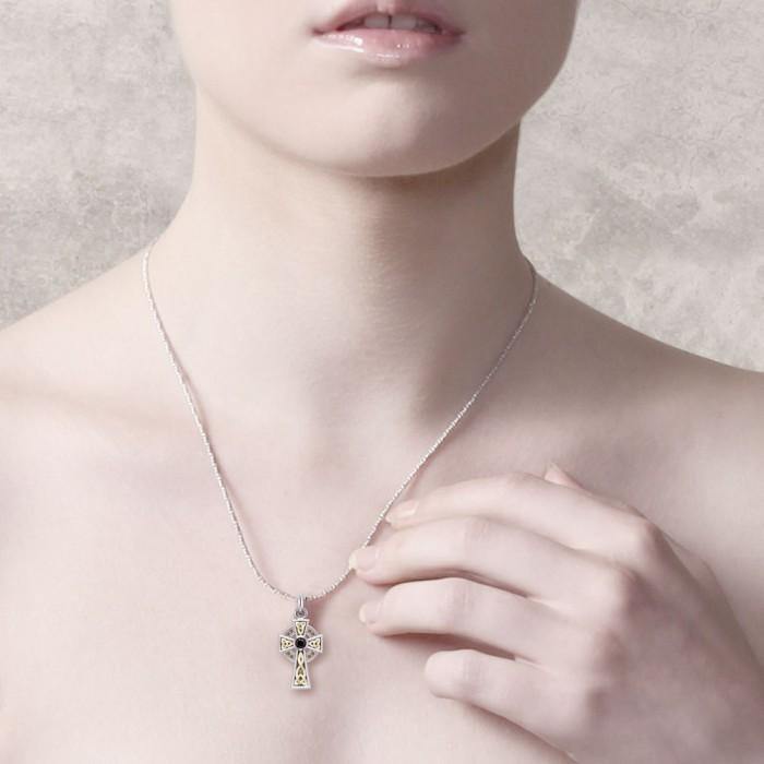 An inspiring crucifix ~ Celtic Cross Sterling Silver with 18K Gold Accent Pendant MPD1805