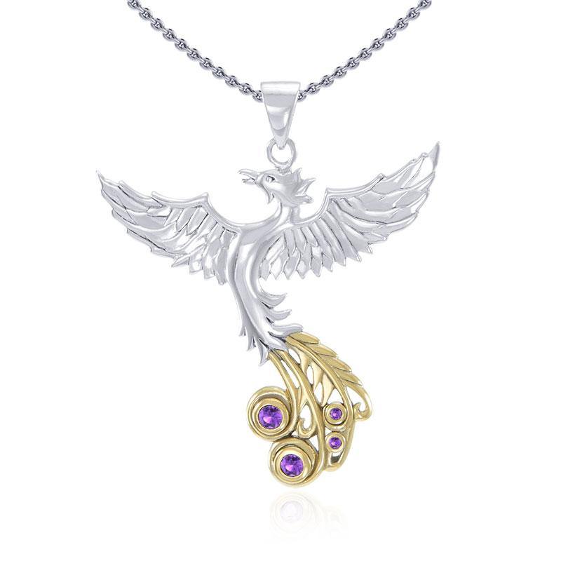 Soar as high as the Flying Phoenix ~ Sterling Silver with 14k Gold Accent Pendant and Gemstone MPD2912