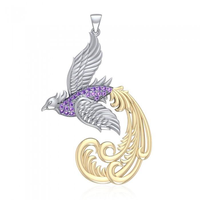 Multifaceted Alighting Phoenix Pendant in Sterling Silver With 14K Gold Accents MPD2917