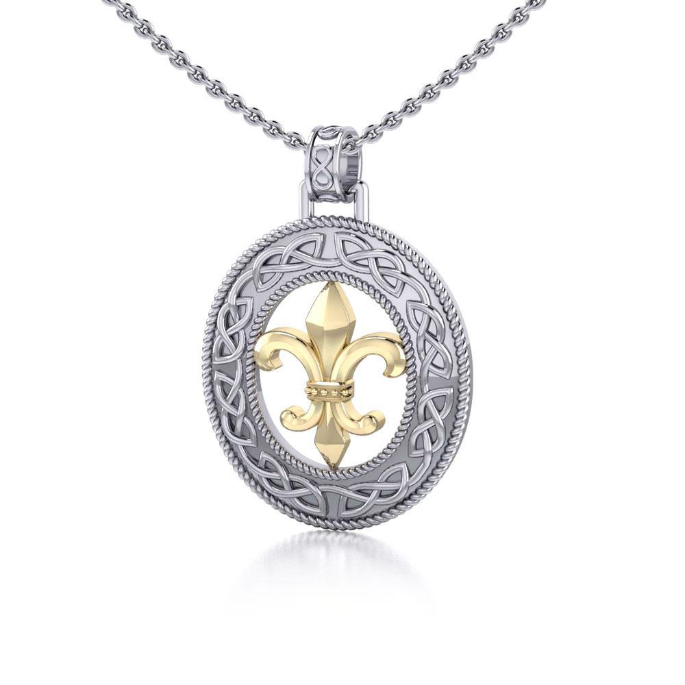 Celtic Knotwork Fleur-de-Lis Sterling Silver with 14k Gold Accent Pendant MPD336