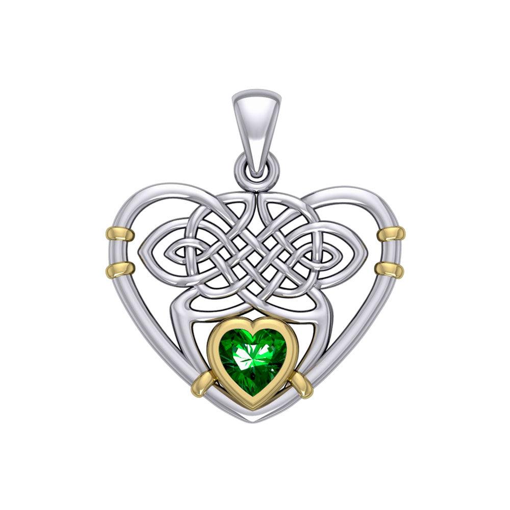 Celtic Knotwork Heart Sterling Silver with 14K Gold Accent Pendant and Gemstone MPD4665