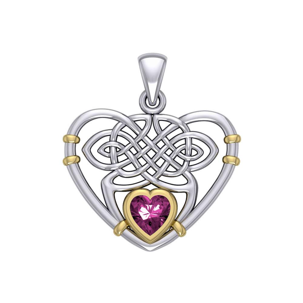 Celtic Knotwork Heart Sterling Silver with 14K Gold Accent Pendant and Gemstone MPD4665 | Pendant | Wiccan Center