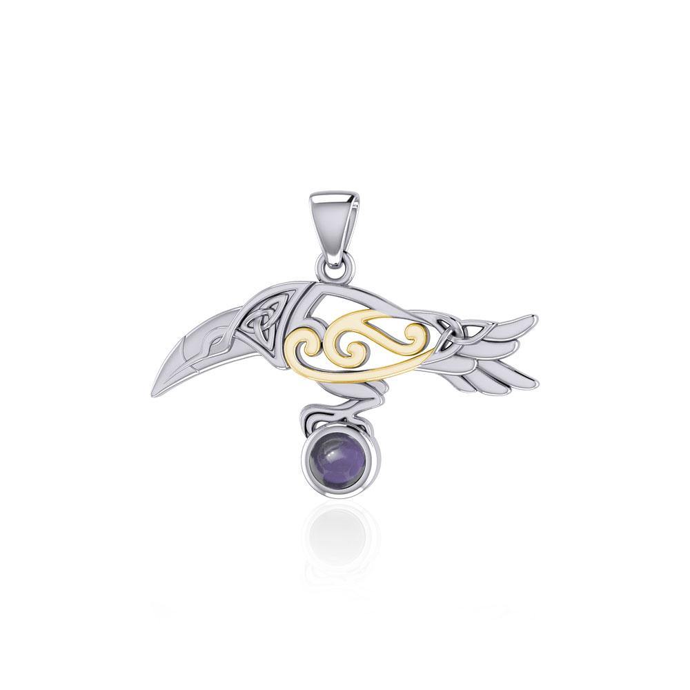 Celtic Spirit Raven Sterling Silver and 14K Gold Accent Pendant MPD5252