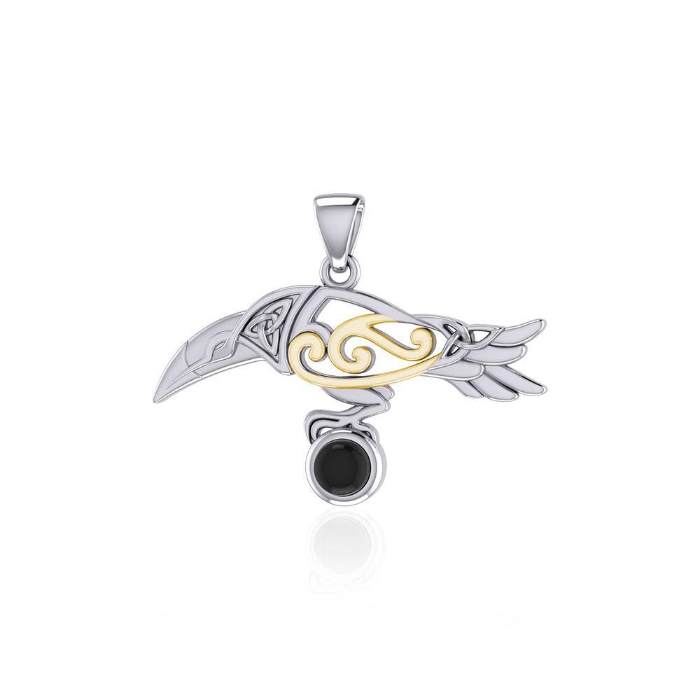 Celtic Spirit Raven Sterling Silver and 14K Gold Accent Pendant MPD5252