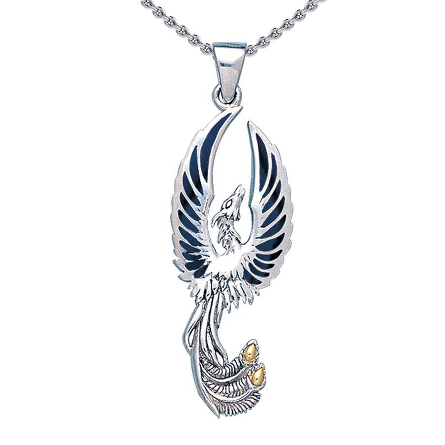 Alighting breakthrough of the Mythical Phoenix Sterling Silver and 14K Gold Accent Pendant MPD5680