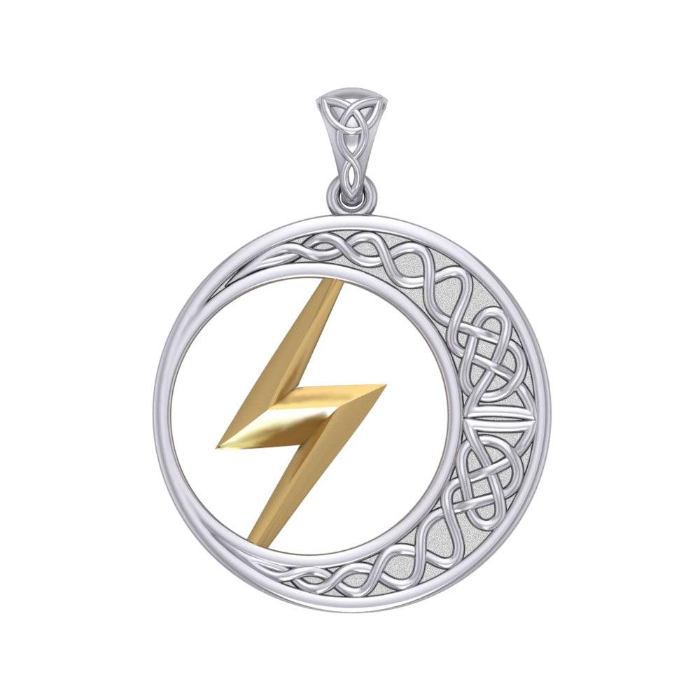 Zeus God Lightning Bolt with Celtic Crescent Moon Silver and 14K Gold Accent Pendant MPD5900