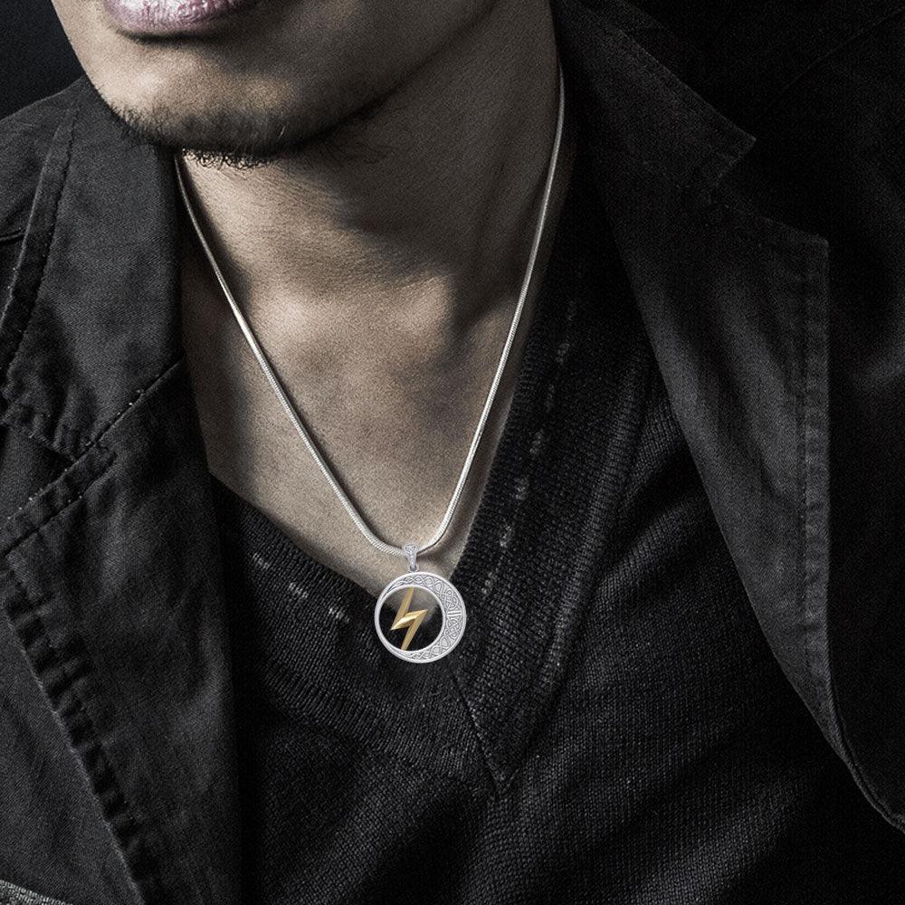 Zeus God Lightning Bolt with Celtic Crescent Moon Silver and 14K Gold Accent Pendant MPD5900