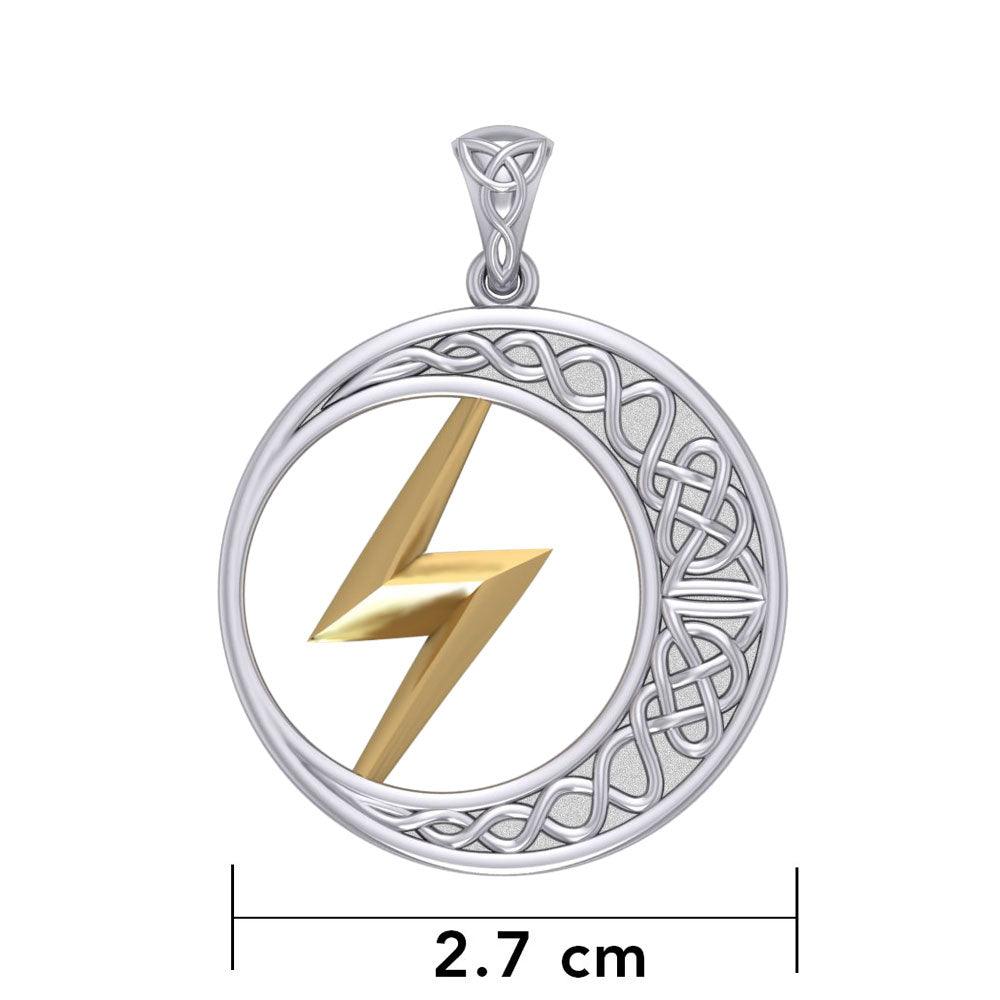 Zeus God Lightning Bolt with Celtic Crescent Moon Silver and 14K Gold Accent Pendant MPD5900