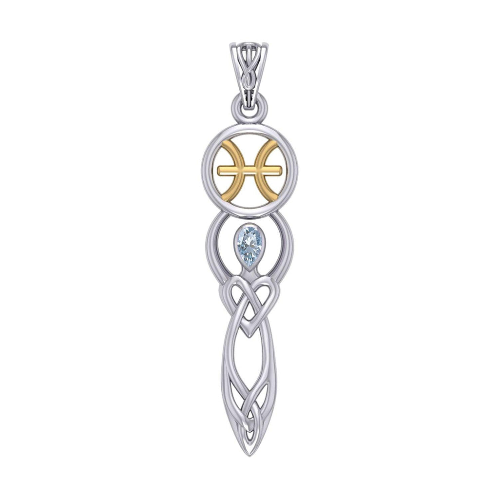 Celtic Goddess Pisces Astrology Zodiac Sign Silver and Gold Accents Pendant with Aquamarine MPD5934