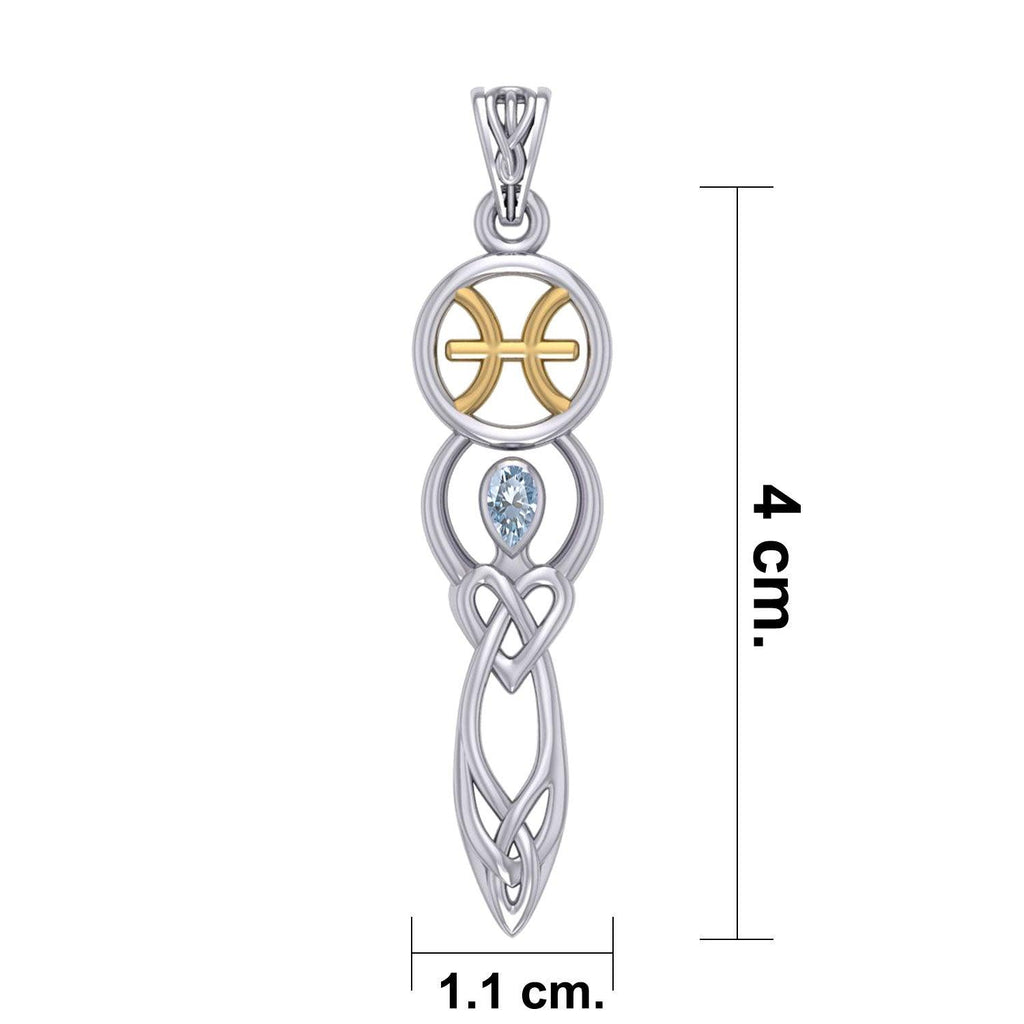 Celtic Goddess Pisces Astrology Zodiac Sign Silver and Gold Accents Pendant with Aquamarine MPD5934