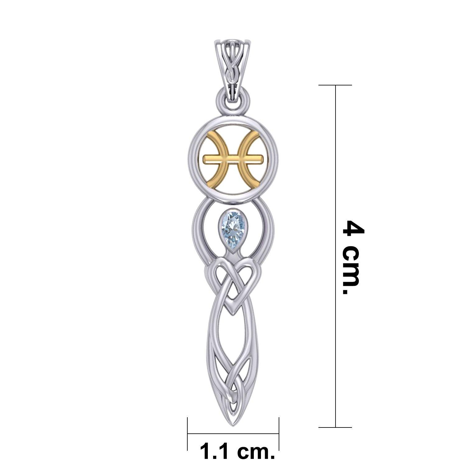 Celtic Goddess Pisces Astrology Zodiac Sign Silver and Gold Accents Pendant with Aquamarine MPD5934