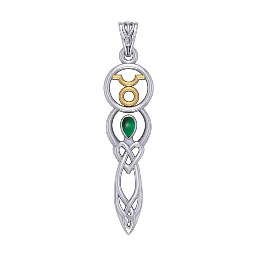 Celtic Goddess Taurus Astrology Zodiac Sign Silver and Gold Accents Pendant with Emerald MPD5936