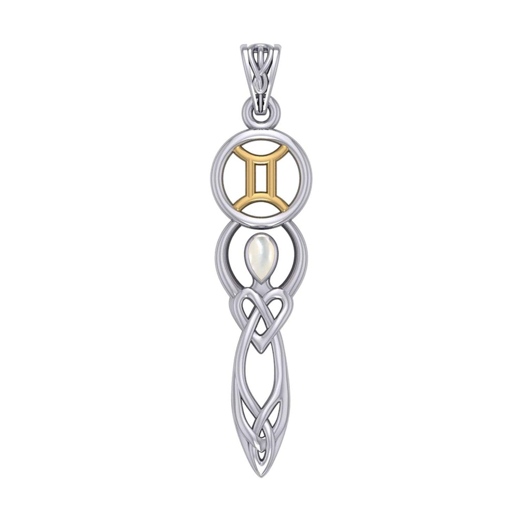 Celtic Goddess Gemini Astrology Zodiac Sign Silver and Gold Accents Pendant with Mother of Pearl MPD5937