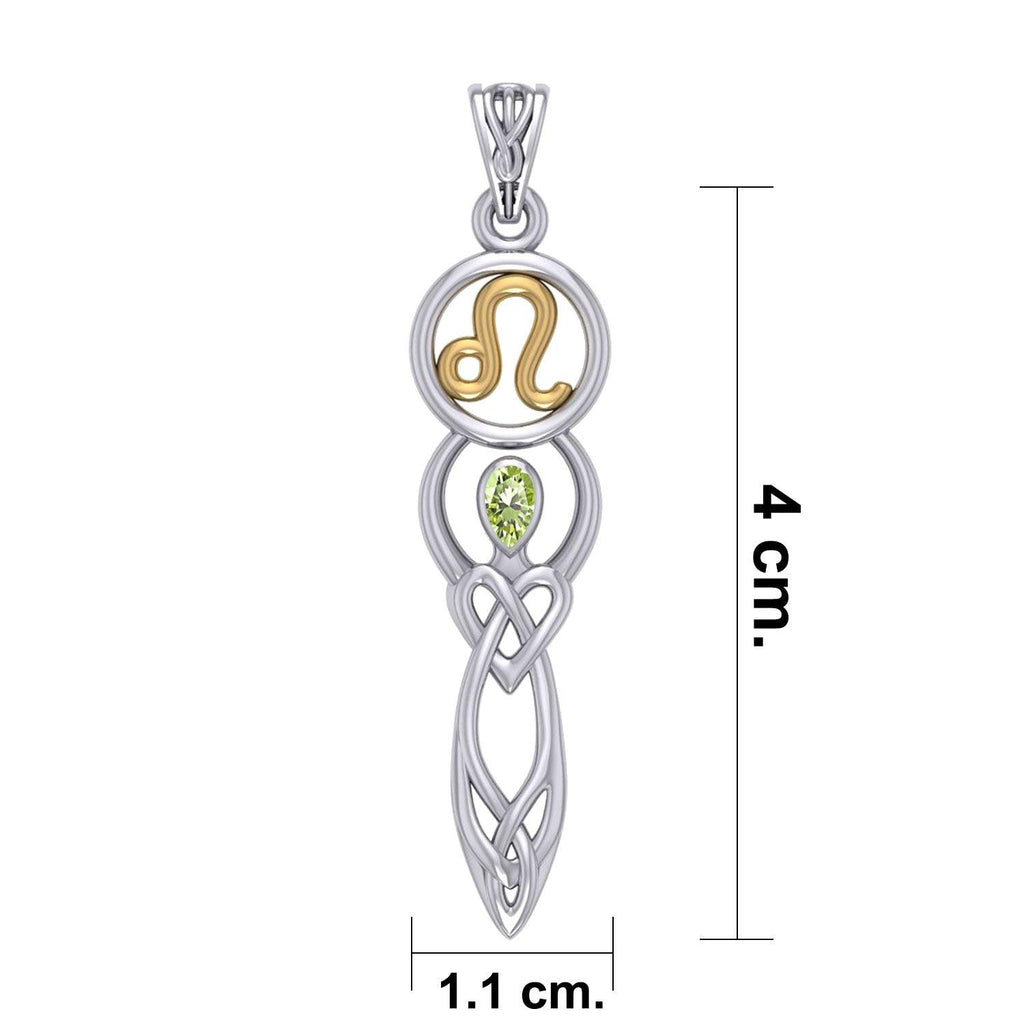 Celtic Goddess Leo Astrology Zodiac Sign Silver and Gold Accents Pendant with Peridot MPD5939