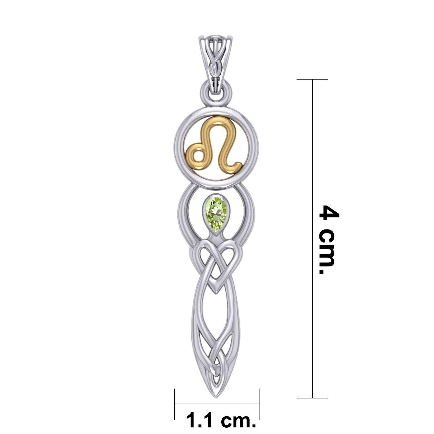 Celtic Goddess Leo Astrology Zodiac Sign Silver and Gold Accents Pendant with Peridot MPD5939