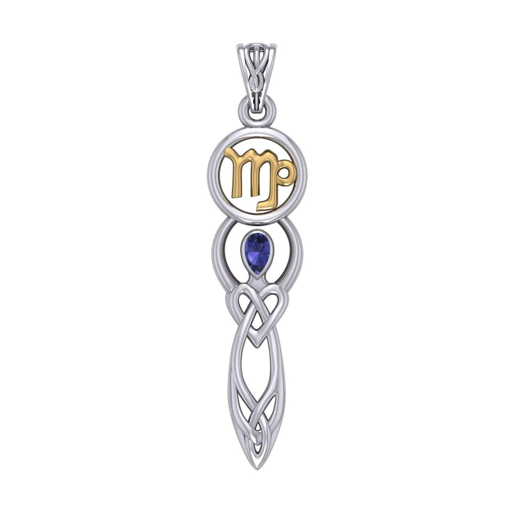 Celtic Goddess Virgo Astrology Zodiac Sign Silver and Gold Accents Pendant with Sapphire MPD5940