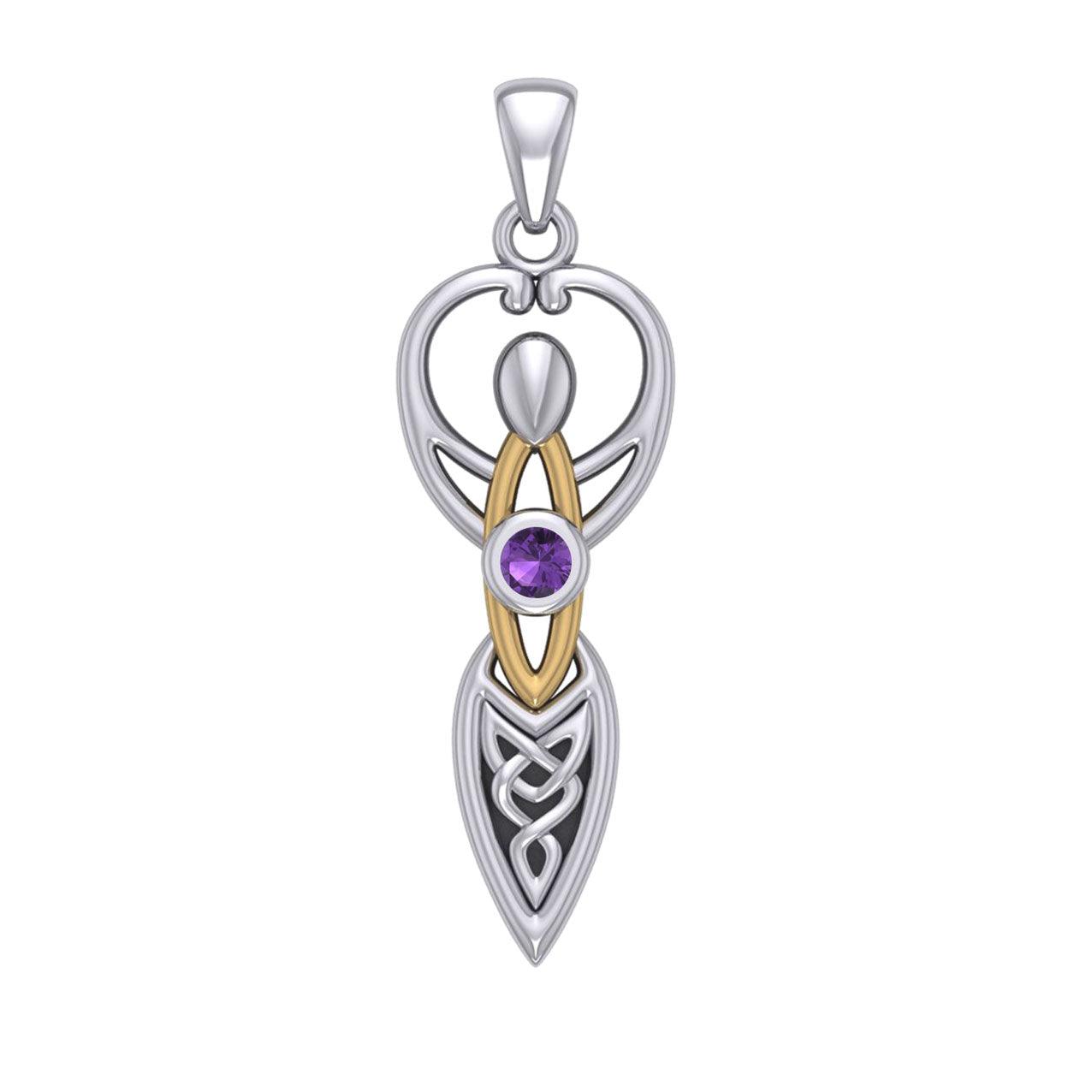 Celtic Goddess with Birthstone Silver and 14K Gold Accents Pendant MPD5959