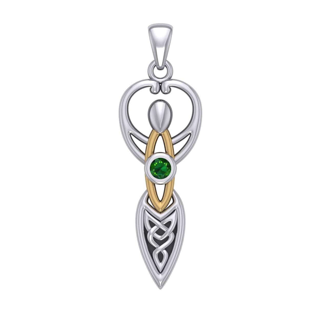 Celtic Goddess with Birthstone Silver and 14K Gold Accents Pendant MPD5959