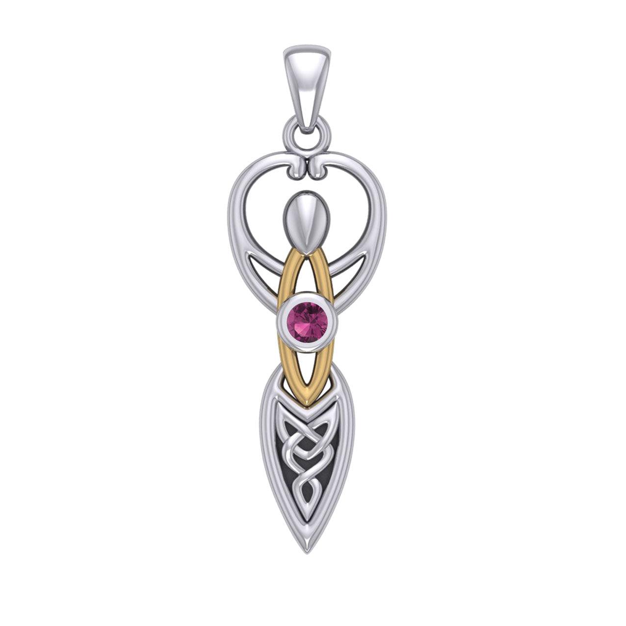 Celtic Goddess with Birthstone Silver and 14K Gold Accents Pendant MPD5959