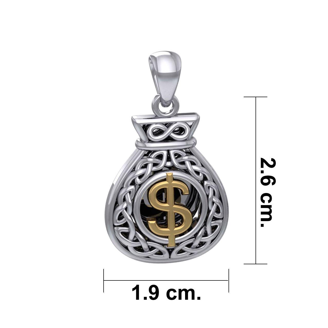 Celtic Infinity Money Bag with Wealth and Prosperity Bind Rune Sterling Silver and 14K Gold Accents Pendant MPD5962