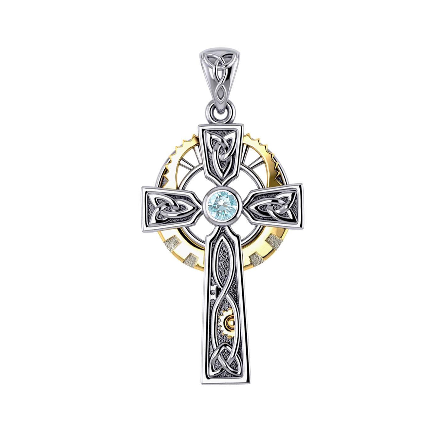 Steampunk Celtic Cross Silver and 14K Gold Accent Pendant MPD5997