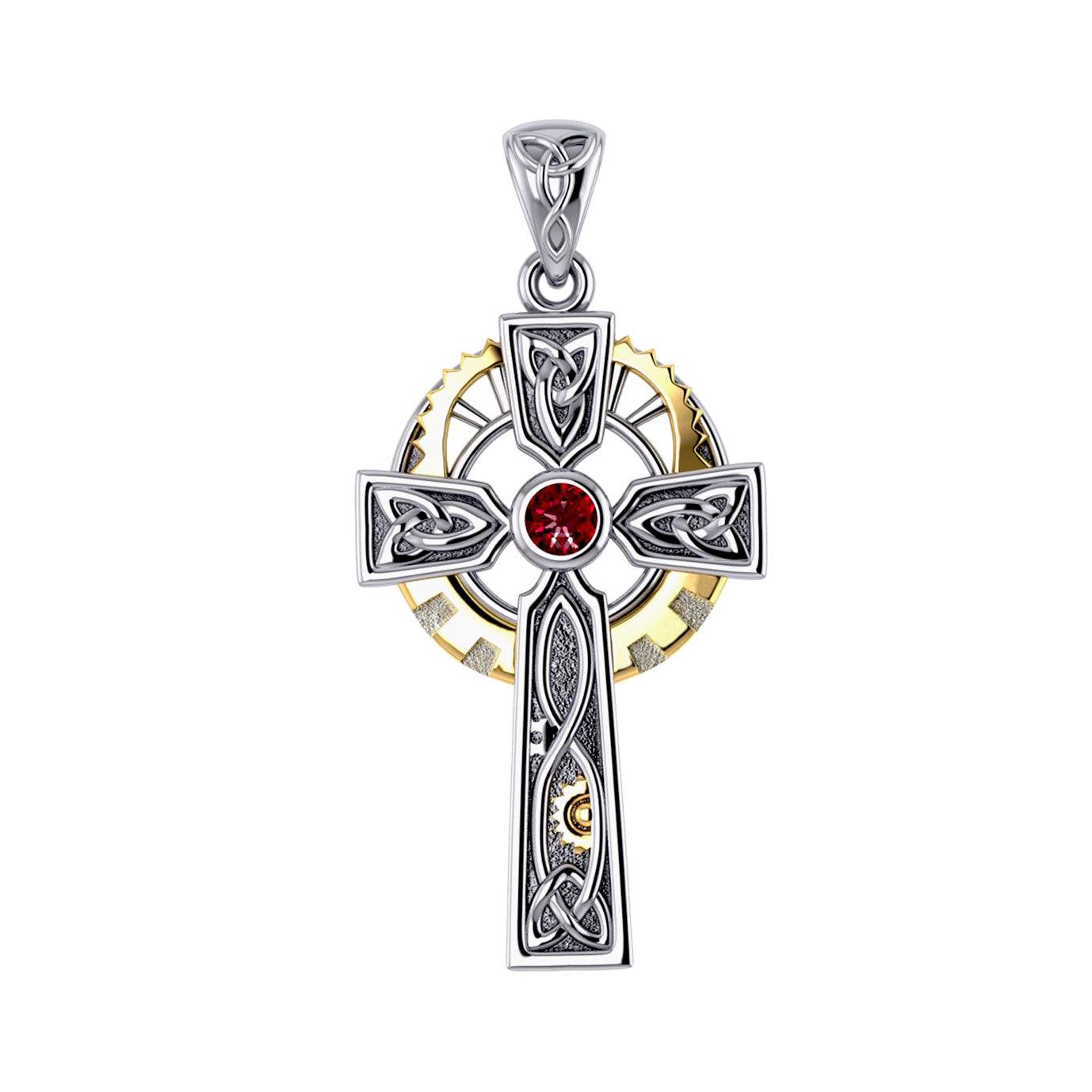 Steampunk Celtic Cross Silver and 14K Gold Accent Pendant MPD5997