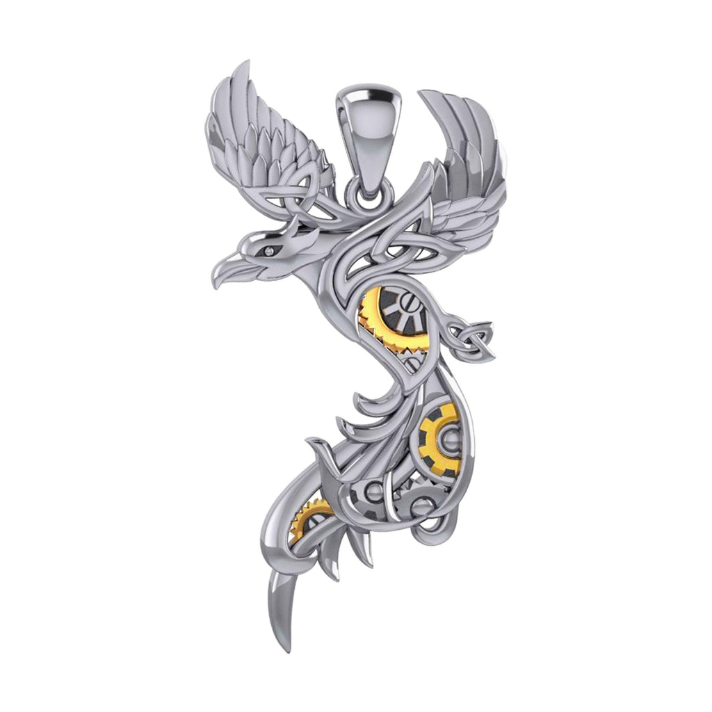 Steampunk Celtic Phoenix Silver and 14K Gold Accent Pendant MPD5999