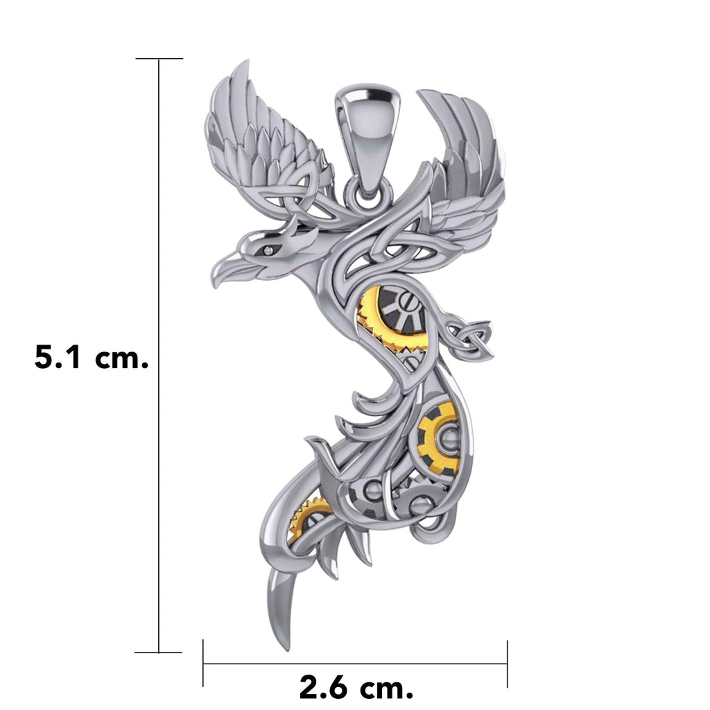 Steampunk Celtic Phoenix Silver and 14K Gold Accent Pendant MPD5999