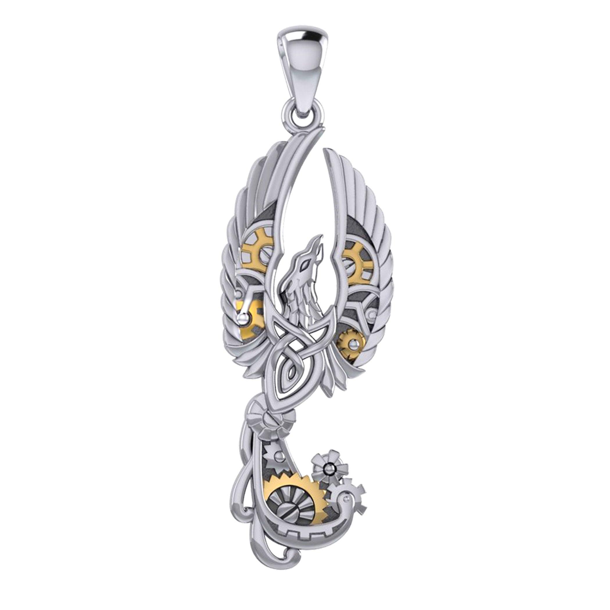 Steampunk Celtic Phoenix Silver and 14K Gold Accent Pendant MPD6000