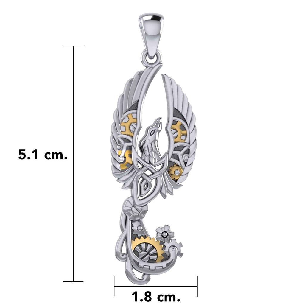 Steampunk Celtic Phoenix Silver and 14K Gold Accent Pendant MPD6000
