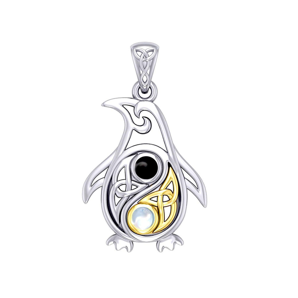Celtic Yin Yang Spirit of The Antarctic Penguin Silver and 14K Gold Accent Pendant with Gem MPD6014