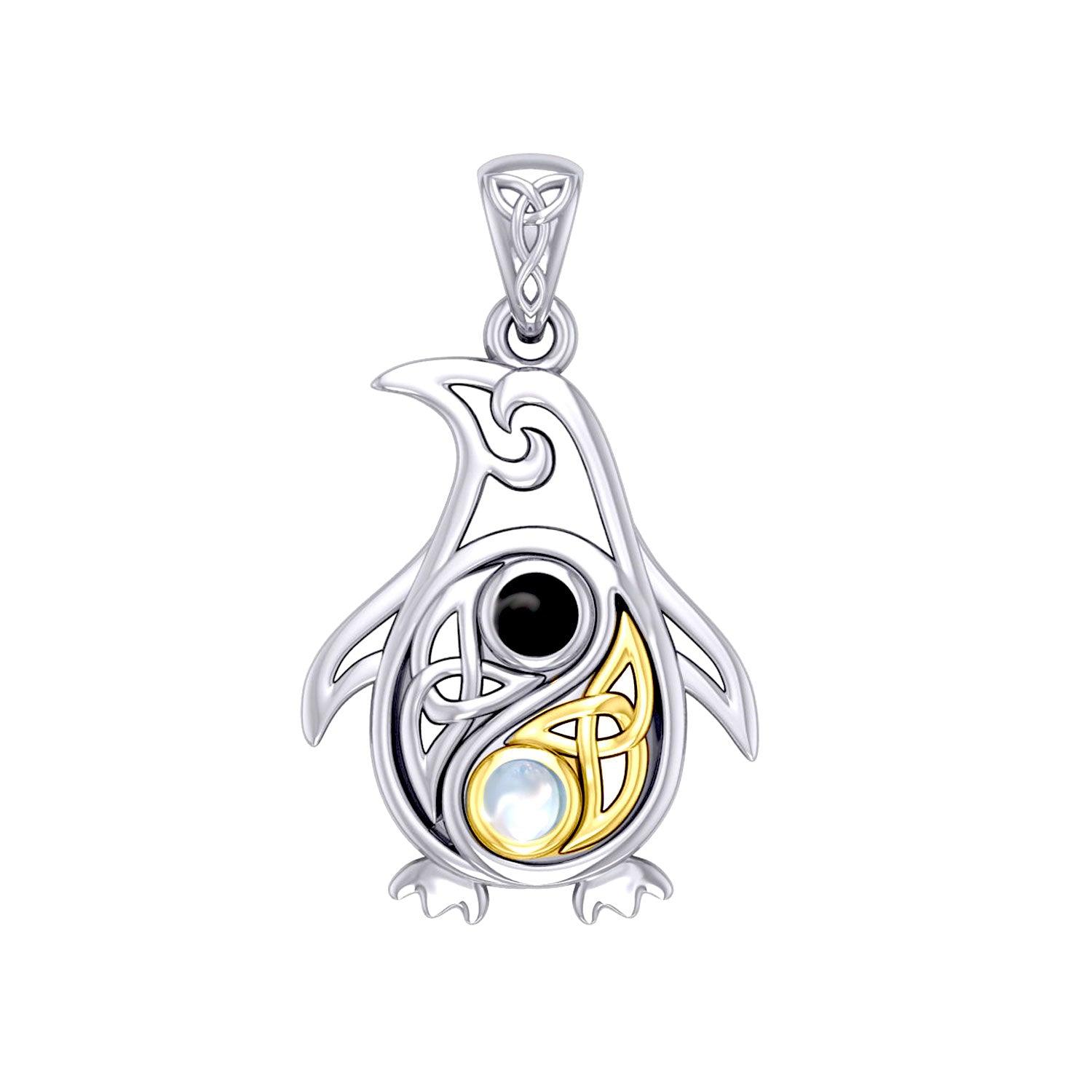 Celtic Yin Yang Spirit of The Antarctic Penguin Silver and 14K Gold Accent Pendant with Gem MPD6014