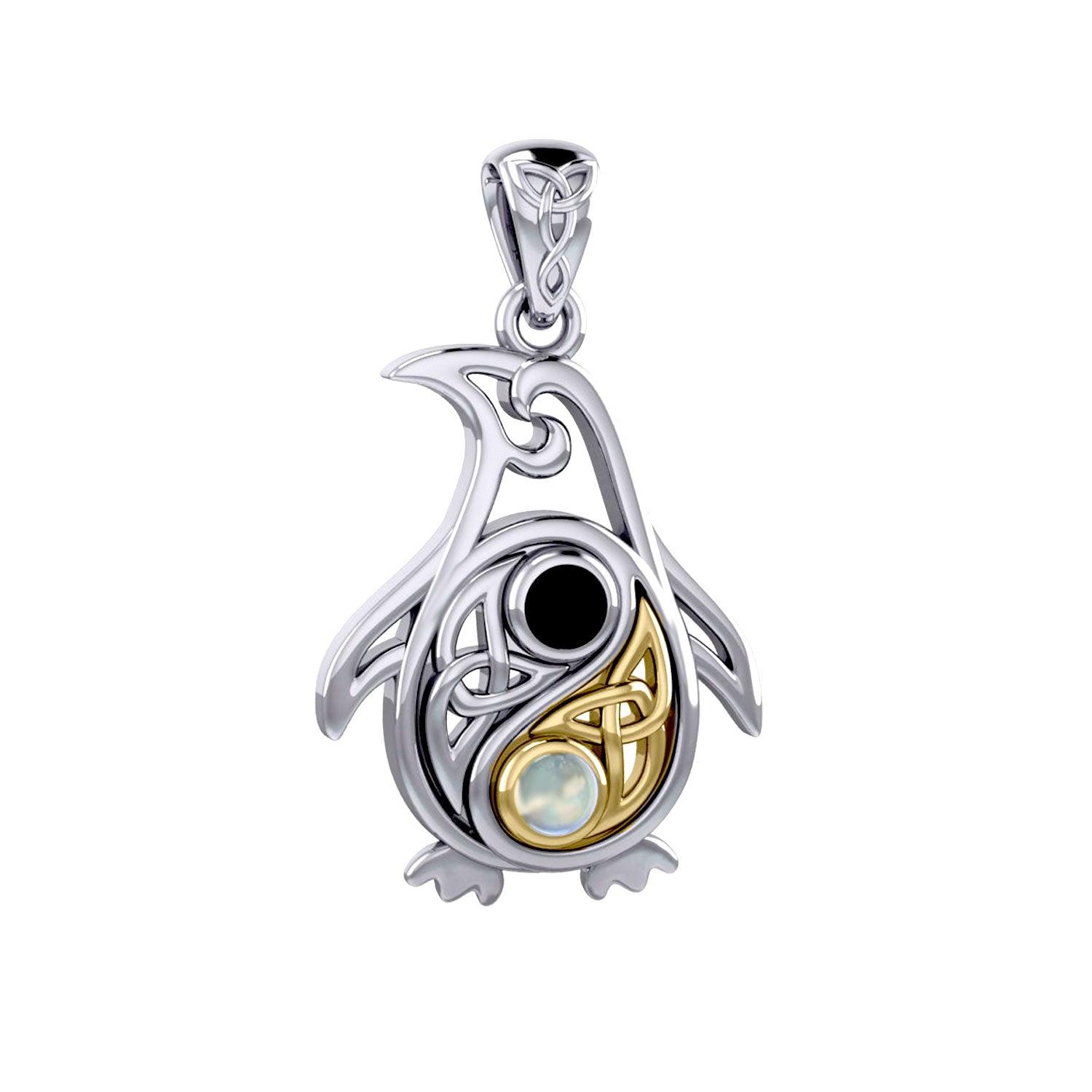 Celtic Yin Yang Spirit of The Antarctic Penguin Silver and 14K Gold Accent Pendant with Gem MPD6014