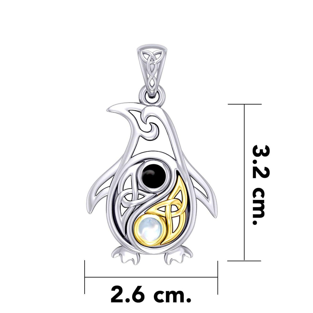 Celtic Yin Yang Spirit of The Antarctic Penguin Silver and 14K Gold Accent Pendant with Gem MPD6014