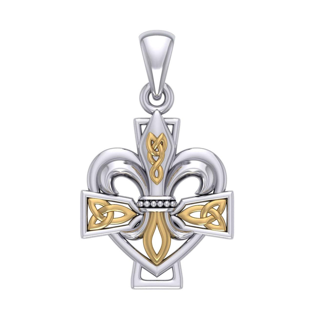 A powerful combination of Celtic elements ~ Fleur-de-Lis and Celtic Cross Sterling Silver and 14K Gold Accent Pendant MPD6068