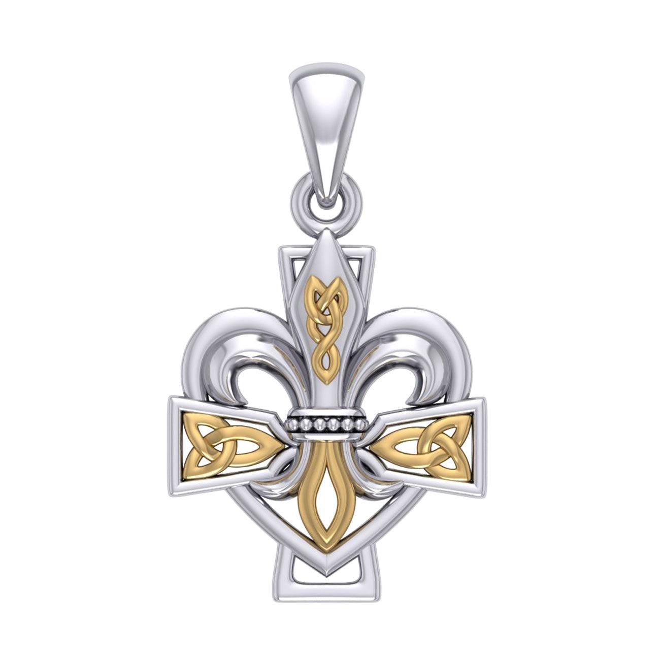 A powerful combination of Celtic elements ~ Fleur-de-Lis and Celtic Cross Sterling Silver and 14K Gold Accent Pendant MPD6068