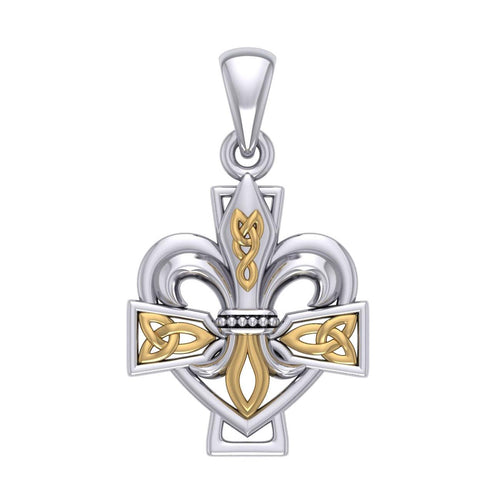 A powerful combination of Celtic elements ~ Fleur-de-Lis and Celtic Cross Sterling Silver and 14K Gold Accent Pendant MPD6068 | Pendants | Wiccan Center