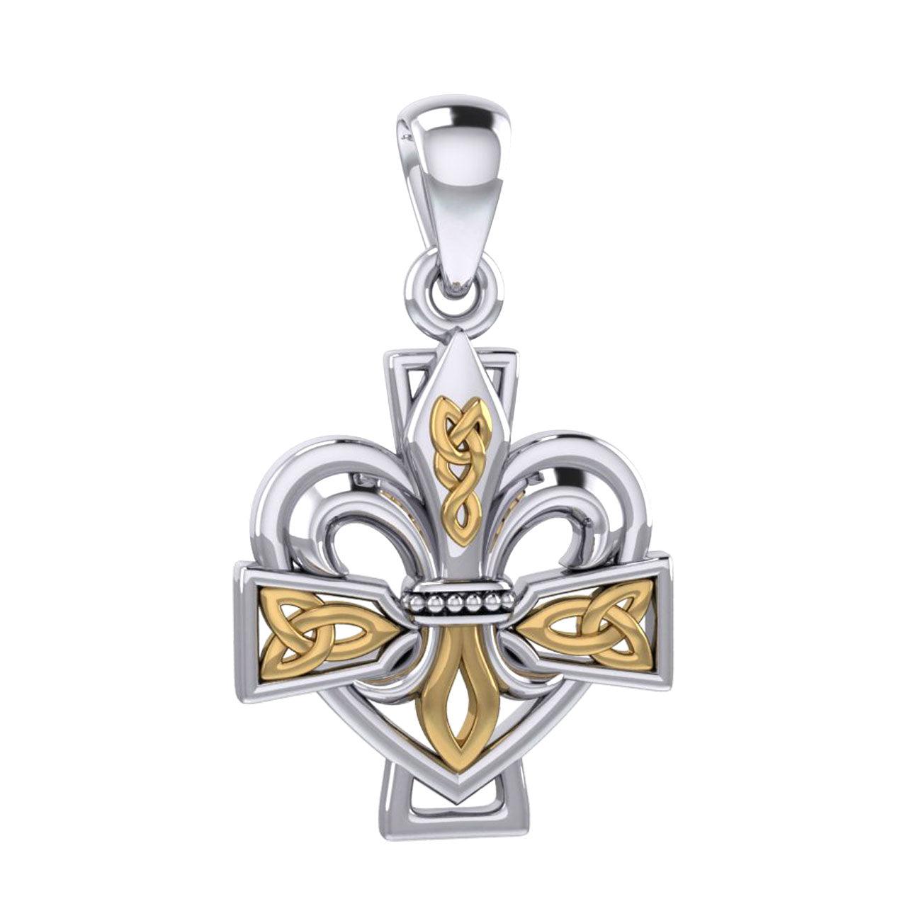 A powerful combination of Celtic elements ~ Fleur-de-Lis and Celtic Cross Sterling Silver and 14K Gold Accent Pendant MPD6068