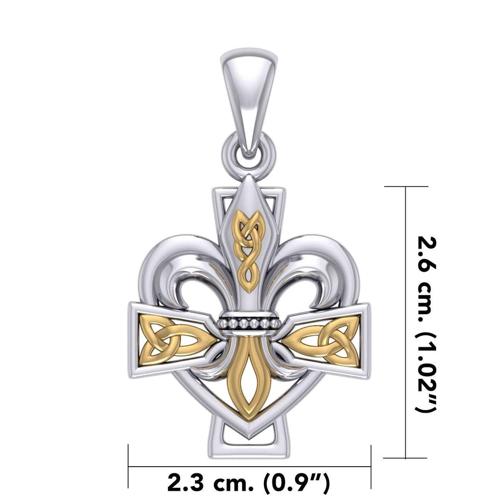 A powerful combination of Celtic elements ~ Fleur-de-Lis and Celtic Cross Sterling Silver and 14K Gold Accent Pendant MPD6068