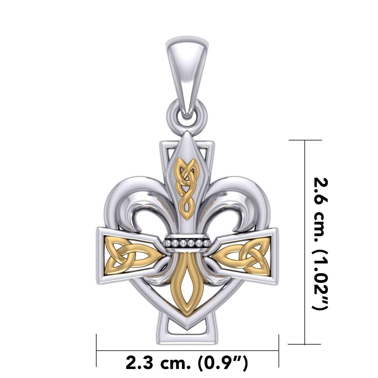 A powerful combination of Celtic elements ~ Fleur-de-Lis and Celtic Cross Sterling Silver and 14K Gold Accent Pendant MPD6068