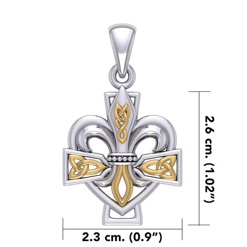 A powerful combination of Celtic elements ~ Fleur-de-Lis and Celtic Cross Sterling Silver and 14K Gold Accent Pendant MPD6068 | Pendants | Wiccan Center
