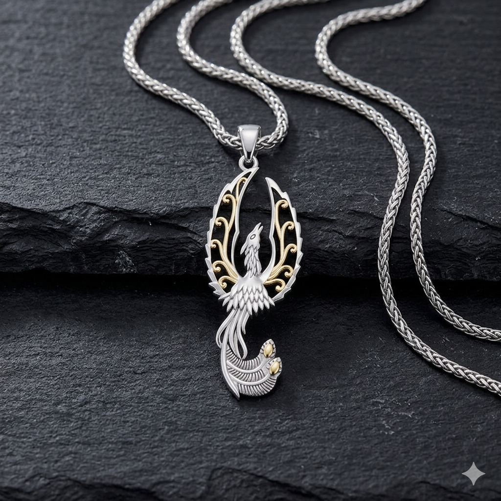 Mythical Phoenix Sterling Silver and 14K Gold Accent Pendant MPD5723