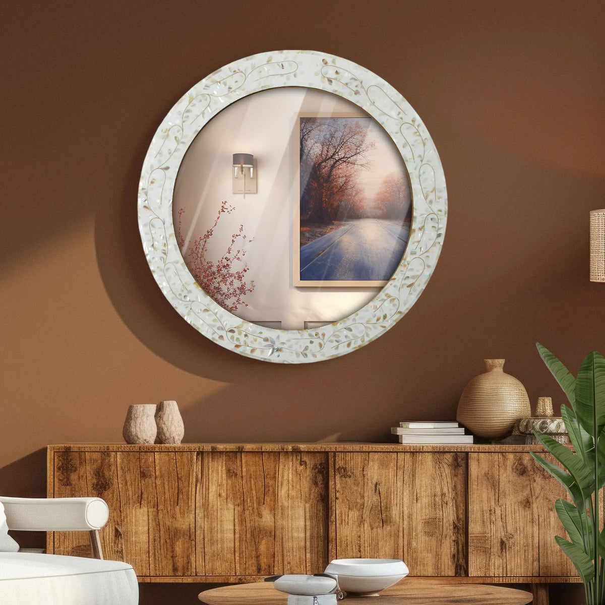make to order mother of pearl resin inlay wall hanging mirror frame 22 dia | Mirror | Wiccan Center