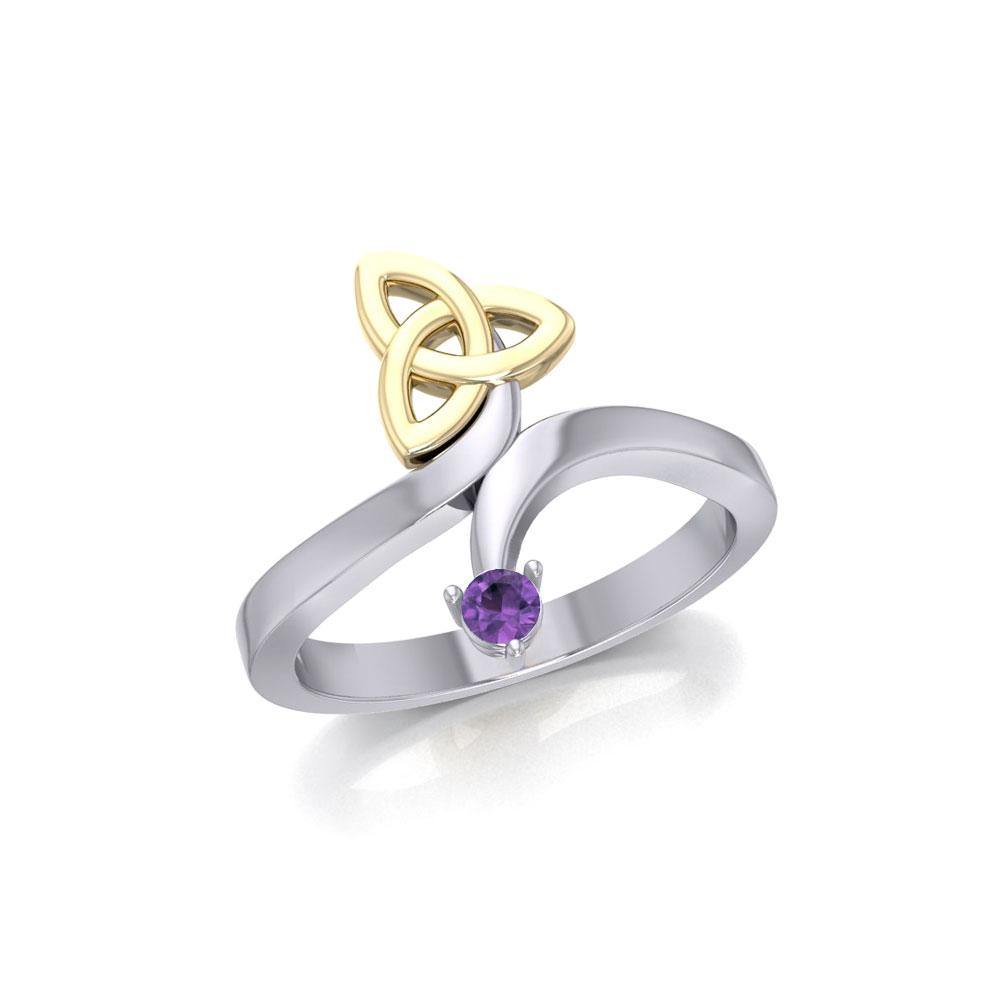 Celtic Trinity Knot with Round Gem Silver and 14K Gold Accent Ring MRI1788