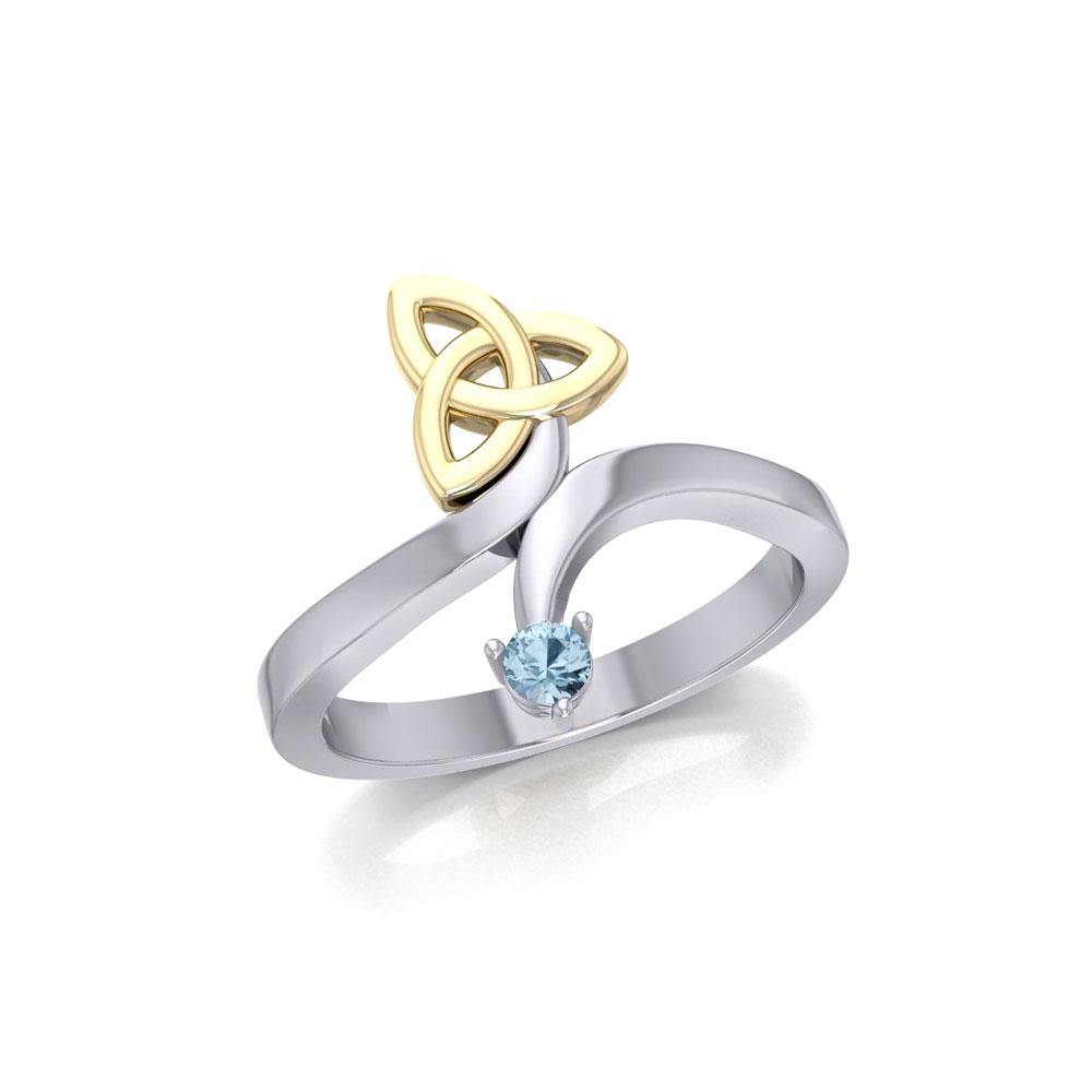 Celtic Trinity Knot with Round Gem Silver and 14K Gold Accent Ring MRI1788